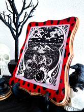 Load image into Gallery viewer, Red Spotted Ornate Rectangle Plaque with "Creature in the Water" Print